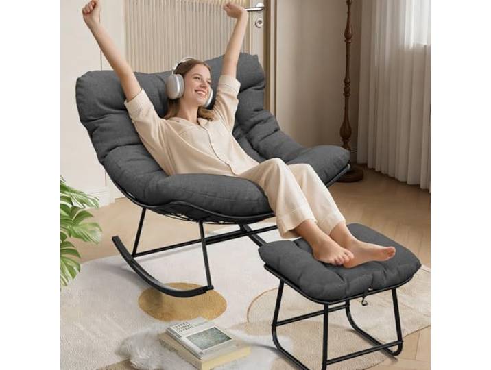 Acekool XXL Schaukelstuhl Outdoor, ergonomischer Relaxsessel mit Sitzpolster & Fußhocker, wetterfest, bis 180 kg belastbar, für Garten, Balkon & Terrasse – Dunkelgrau