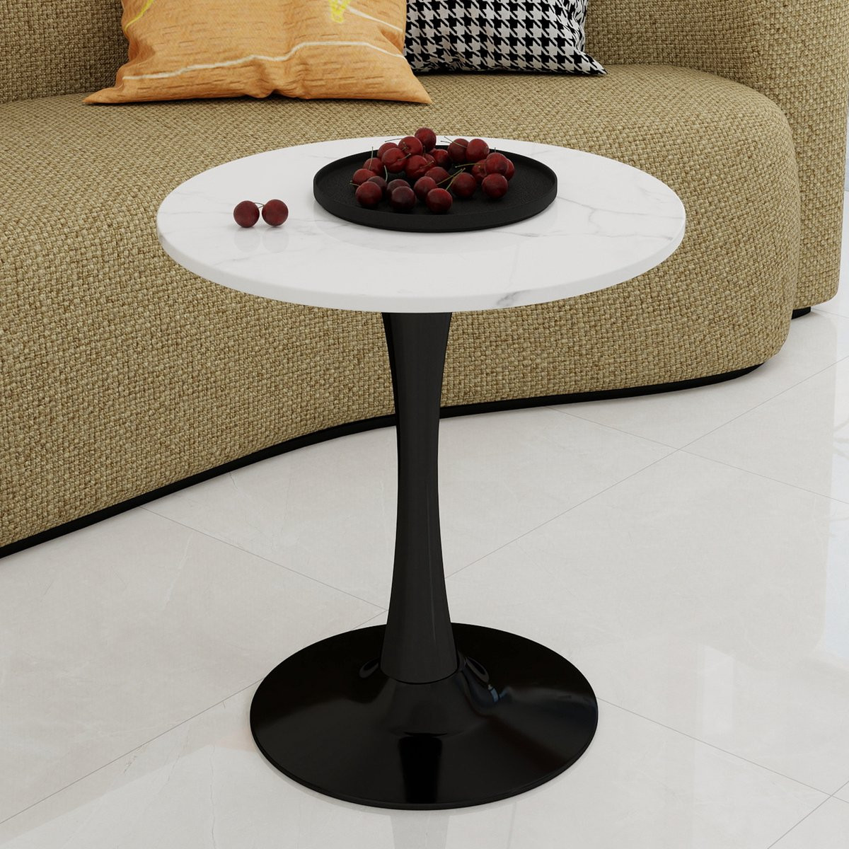 DESMIU Salontafel - Moderne Ronde Bijzettafel met Minimalistisch Design in Kunstmarmer - Zwart Wit - Diameter: 70 cm