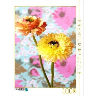 CALVENDO Puzzle Zwei Ranunkeln vor Blumentapete | 1000 Teile Lege-Größe 64x48cm Foto-Puzzle für glückliche Stunden, Sonstige von , Calvendo Puzzle