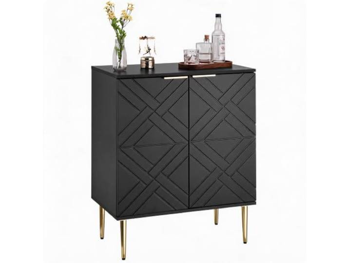 IDEALHOUSE Schmales Sideboard für Flur & Wohnzimmer, 2-türiger Aufbewahrungsschrank - 3D-geprägte Holzfront - modernes Buffet/Anrichte, freistehend - Farbe: Schwarz