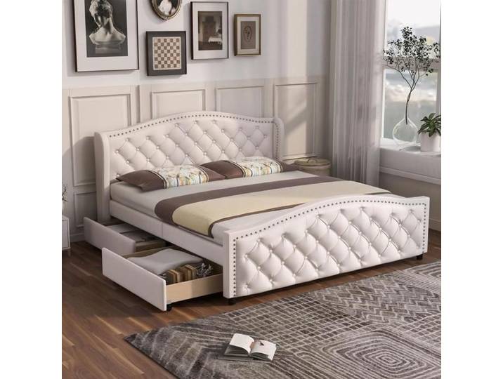 Lit rembourré - KOMHTOM - Chesterfield - 160x200 cm - 2 tiroirs - simili cuir blanc