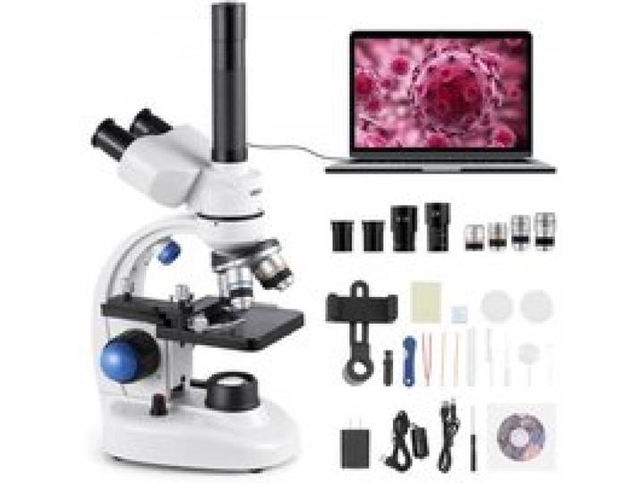 VEVOR Microscope Trinoculaire Professionnel, Kit de Microscope Composé avec Grossissement 40-5000X, Corps en Alliage d'Aluminium, Éclairage LED et Support de Téléphone Inclus, Laboratoire, École