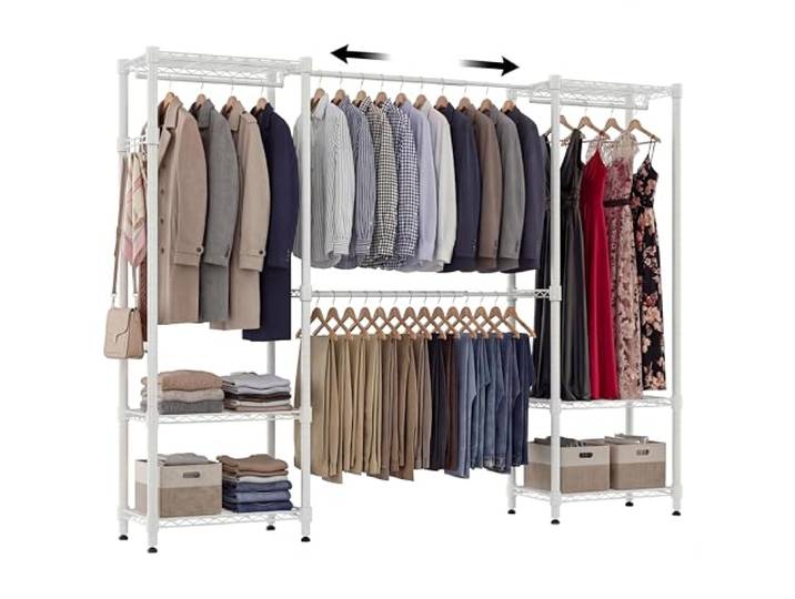 Himimi Kleiderständer Stabil, Offener Kleiderschrank System mit 4 Kleiderstangen & 6 Höhenverstellbaren Regalen, Teleskop-Kleiderständer Schwerlast Metall für Schlafzimmer, 35×(182-240)×180cm, Weiß