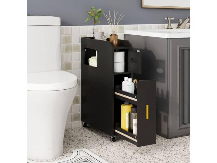 Meuble de rangement de salle de bain étroit 16 cm avec tiroir coulissant porte-balai et roulettes noir
