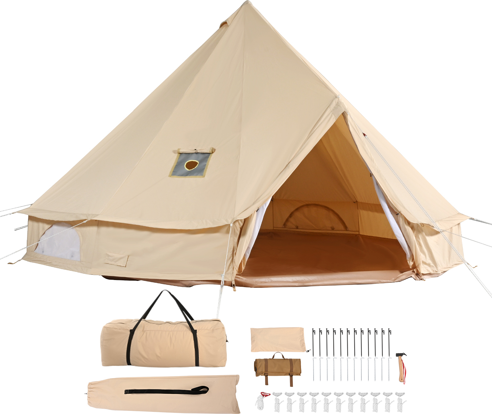 SucceBuy 4 m/13,12 ft Canvas-Rundzelt, 4-Jahreszeiten-Jurtenzelt mit Ofenanschluss, atmungsaktives Campingzelt für 6 Personen, Outdoor-Jagdparty für Familien