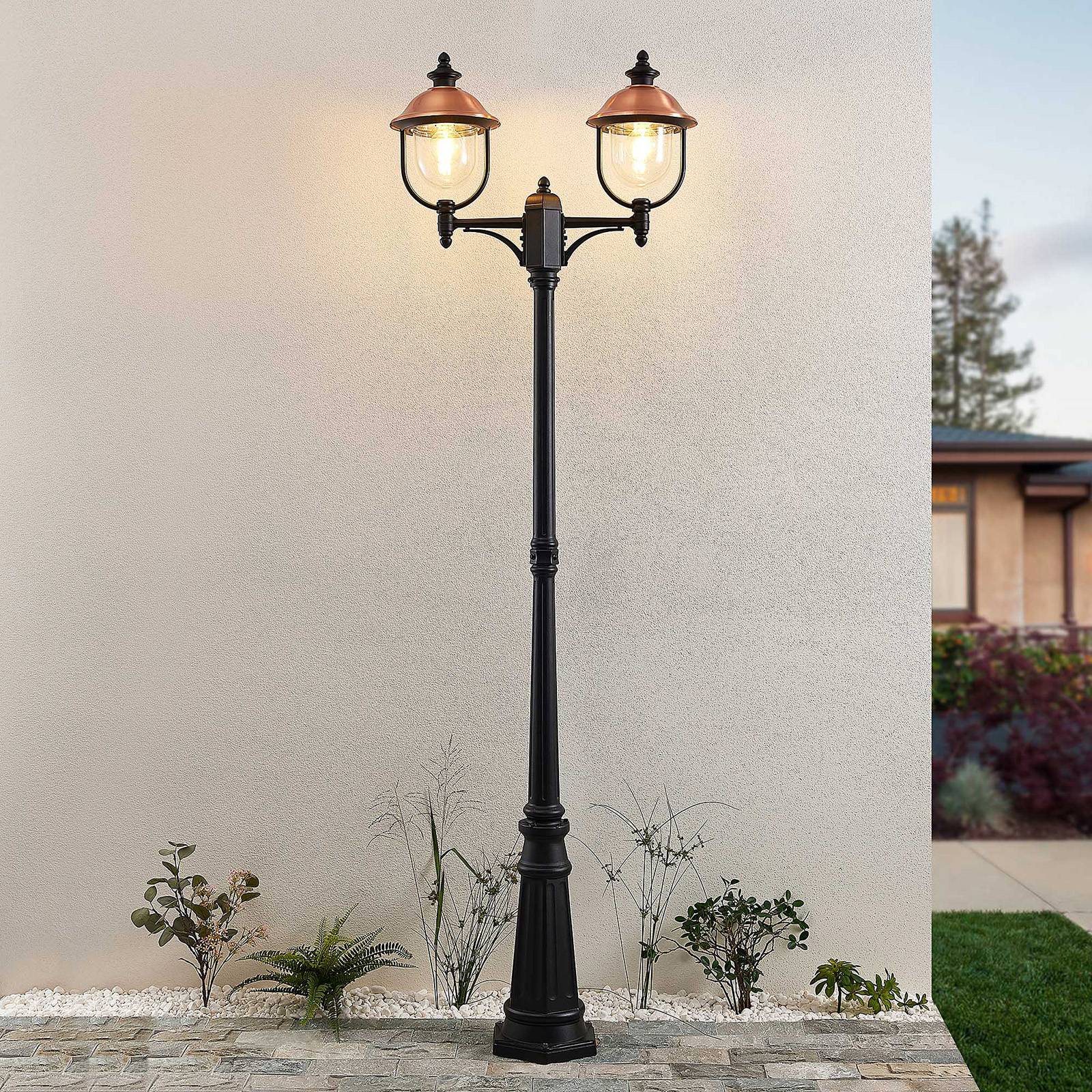 Lindby outdoor light Clint, 225cm, 2-bulb, seawater resistant, E27 Clint Lindby, dimmable, Copper, Aluminium, Vintage, Post Light