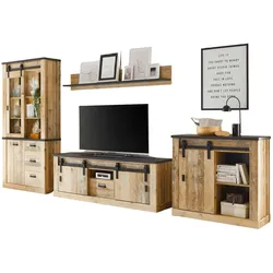 WOHNWAND Used Wood hell, anthrazit 4-teilig 388 cm, Wohnkombination, viel Stauraum