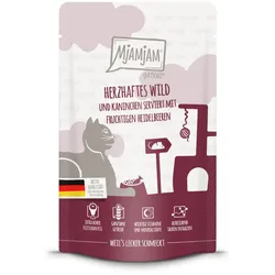 MJAMJAM Quetschies 125g Beutel Katzennassfutter 12 x 125 Gramm herzhaftes Wild & Kaninchen an fruchtigen Heidelbeeren