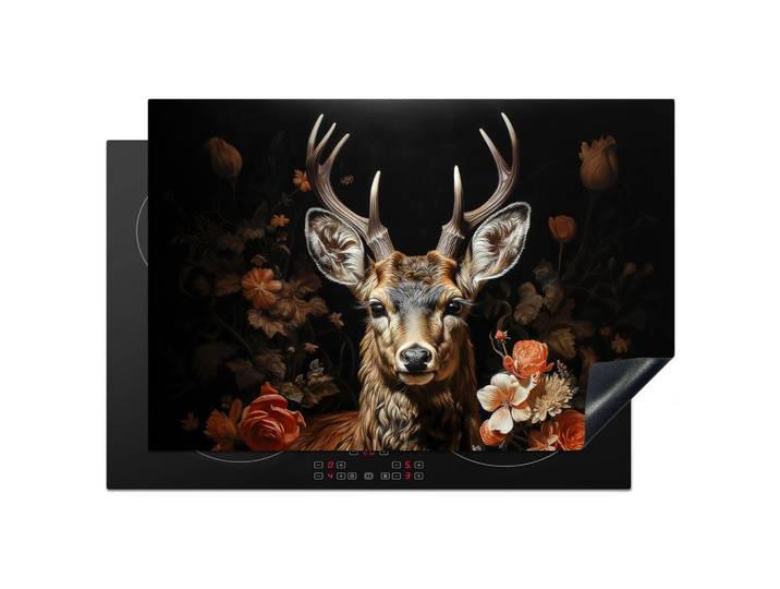 HERDABDECKPLATTE Hirsch - Tier - Blumen - Natur - Botanisch Ceranfeldabdeckung 76x51.5 cm