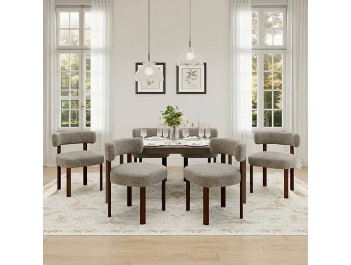 COLAMY Mid-Century Modern Design Sherpa Esszimmerstühle 6er Set, Vintage Landhaus-Stil Bouclé Küchenstühle mit offener geschwungener Rückenlehne für Esszimmer, Restaurant, Kamel