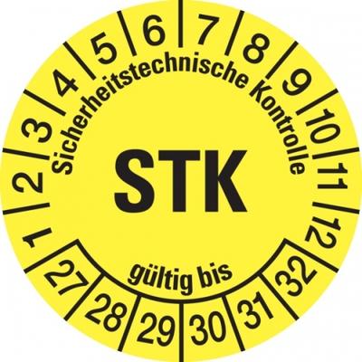 König Werbeanlagen Prüfplakette ab 27, STK, gelb/schwarz, Folie, Ø 30 mm - Bogen = 10 Plaketten - 30 mm Folie selbstklebend