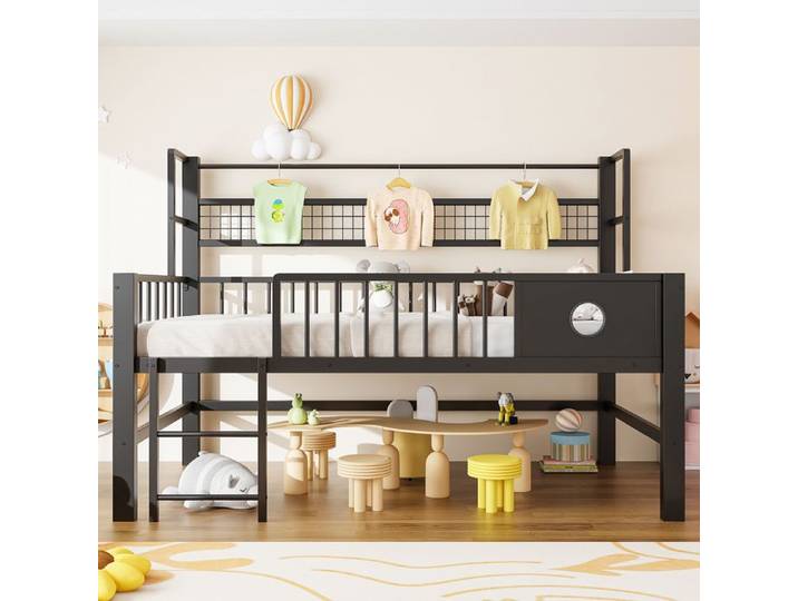 Lit mi-haut 90x200 cm avec rangements penderie en métal noir sans matelas