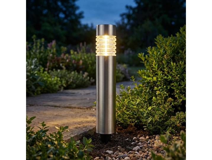 Solarleuchte aus Edelstahl mit Erdspiess, warmweiss