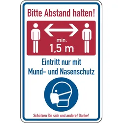 Kombischild, Bitte Abstand halten! Eintritt nur mit Mund- und Nasenschutz - 200x300x1.5 mm Kunststoff