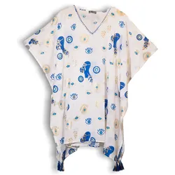 Nomad Sari On the Med Collection - Kaftan - White , Blue & Gold Evil Eye Design