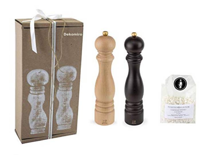 Dekomiro Peugeot Set Paris Pfeffermühle Schoko und Salzmühle Natur 30 cm Geschenkset mit 100 gr. Salz