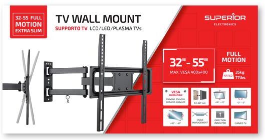 Superior STAFFA MONTAGGIO PER TV A MURO CON BRACCIO DOPPIO INCLINABILE 32"-55" SUPSTV003