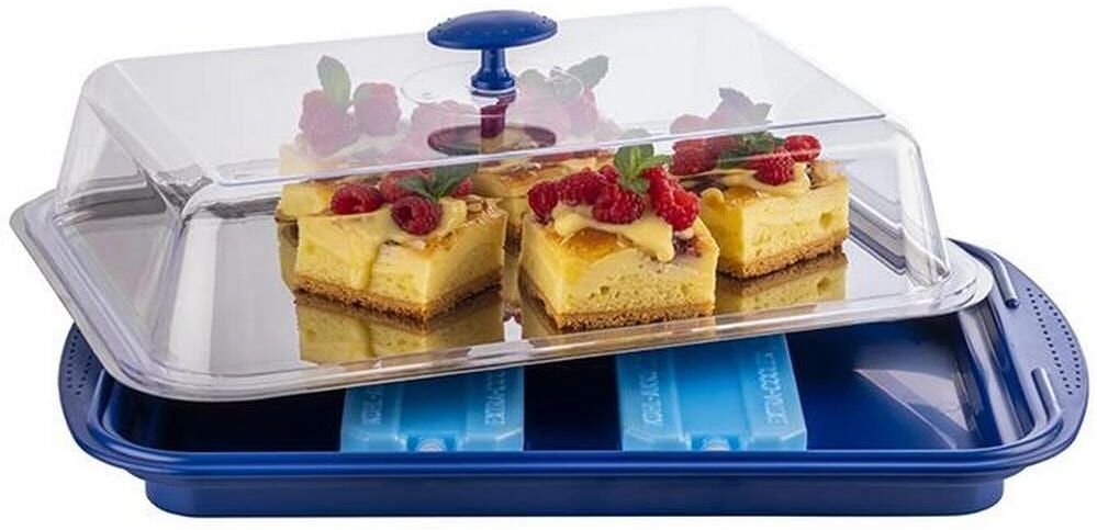 Tablett APS "Thermo Tablett Set", blau (blau, transparent, edelstahlfarben), B:43cm H:14cm L:29cm, Edelstahl, Kunststoff, Tabletts, Tablett, mit Haube, 43x29 cm, inkl. Kühlakkus blau, transparent, edelstahlfarben B/L: 43cm x 29cm