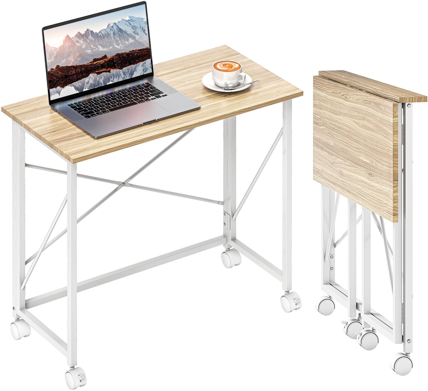 Opklapbaar bureau op wielen met verstelbare hoogte, naturel, MDF en staal