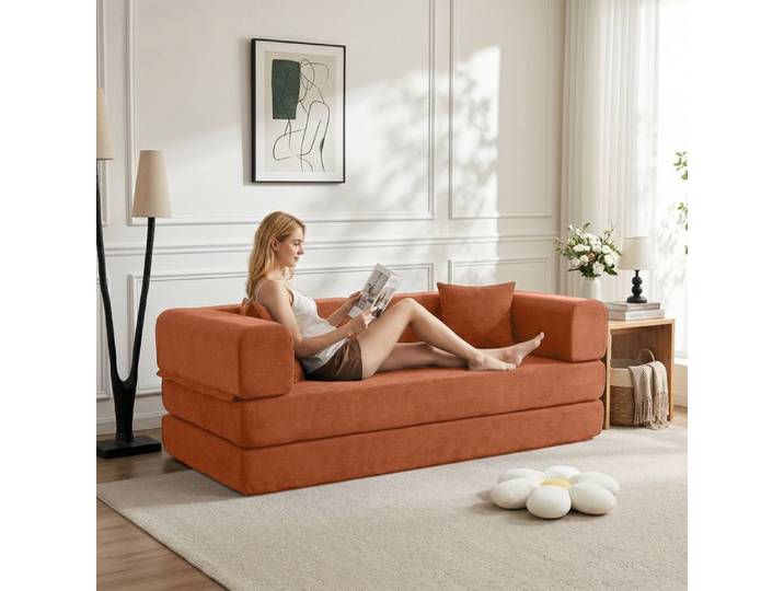 ULEVR Canapé-lit convertible 2 places en velours côtelé orange modulable sans montage coussins inclus