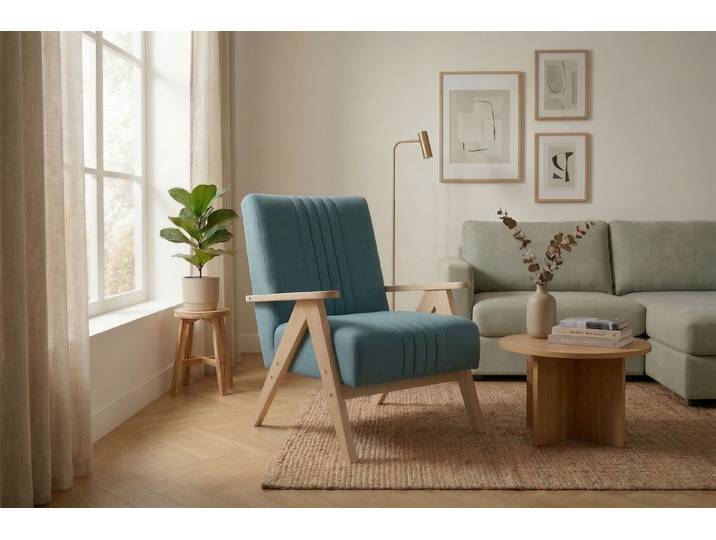 Friderik-EU Sessel ENZO Polstersessel mit Holzgestell Mid-Century, vertikale Steppungen am Rücken, leichtes Holzgestell