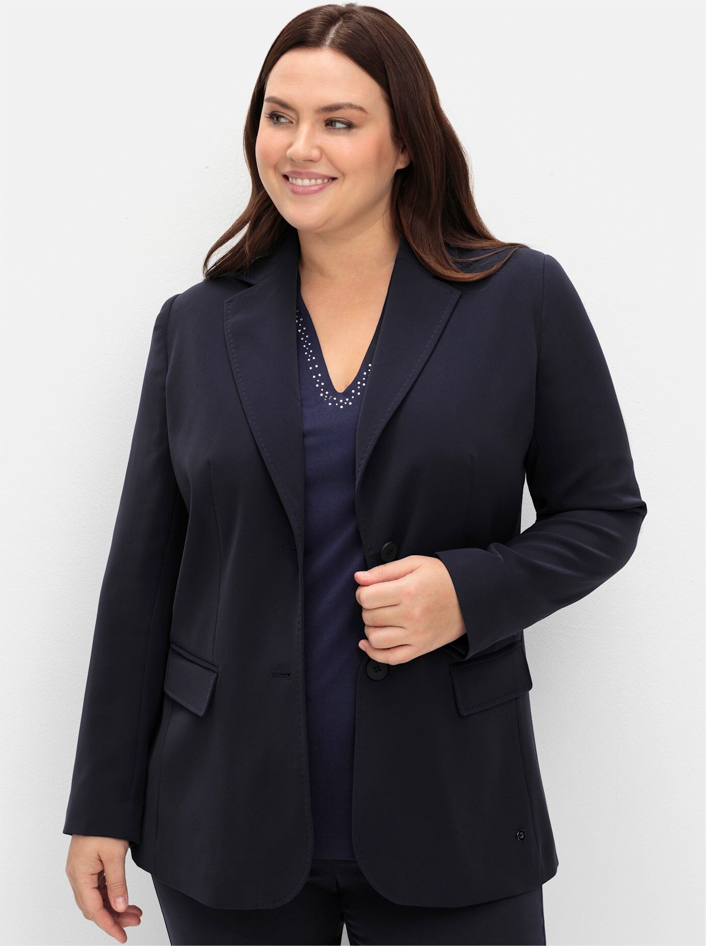 Jackenblazer SHEEGO "Blazer", Damen, Gr. 46, blau (tiefblau), 100% Polyester, Blazer Jackenblazer tiefblau 46