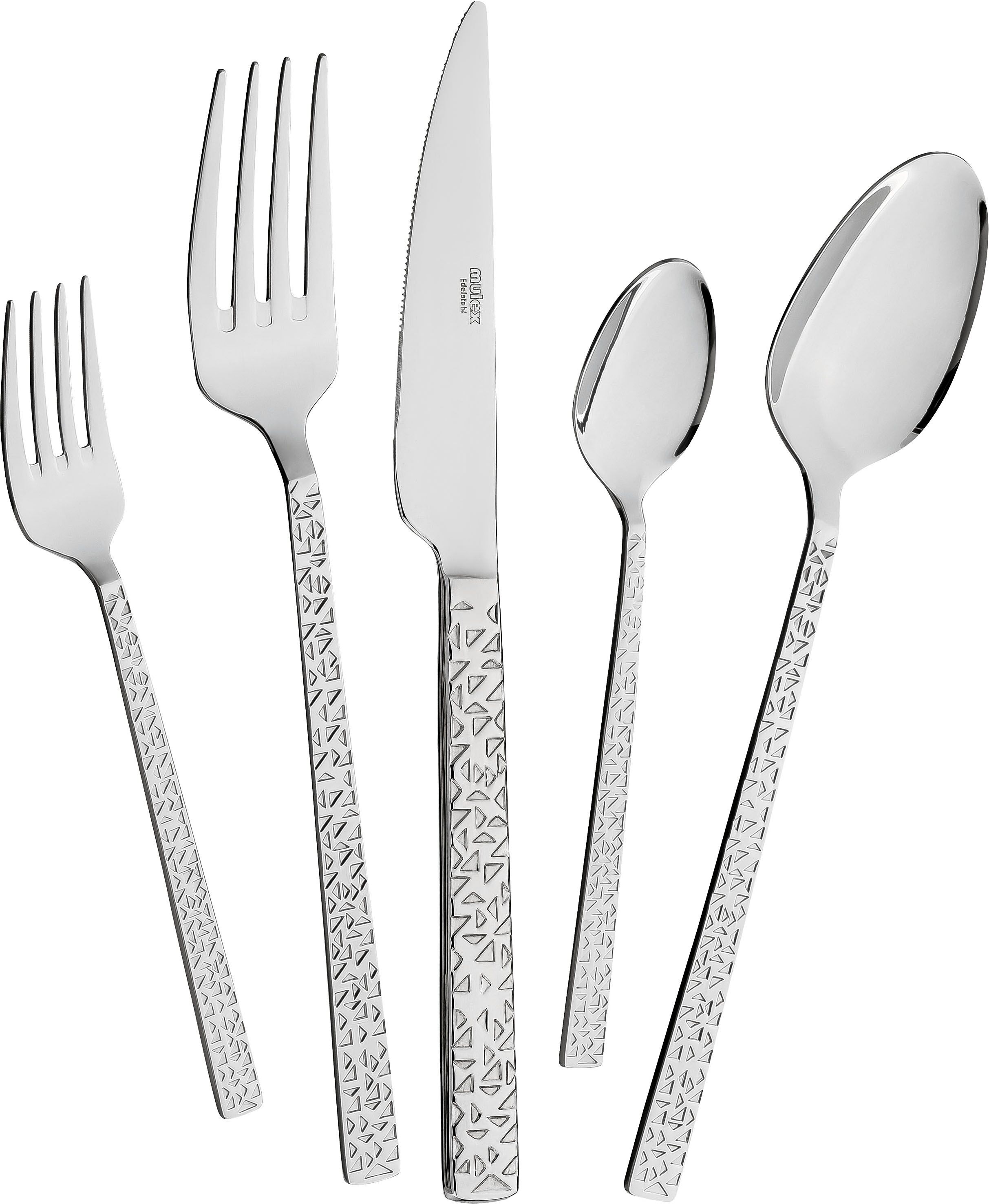 Besteck-Set MULEX "Besteck Siena, mit feiner Hammerschlag-Struktur", silber (silberfarben), 30 Stk., Chromstahl, Essbesteck-Sets, elegantes Besteck mit beeindruckend schöner Optik