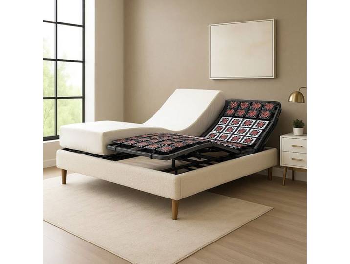 Ensemble lit électrique 200x200 sable – Sommier relaxation à plots + contour bouclette + matelas