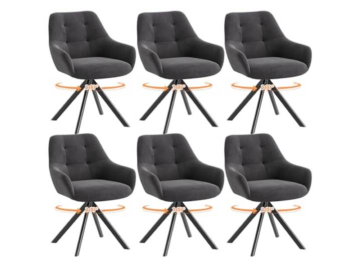 MALOL Drehbare Esszimmerstühle 6er Set, 360° Drehbare Armlehnstühle mit weichem Florstoff & Metallgestell, Bequeme Esszimmerstühle Drehbar mit Rückenlehne für Küche, Esszimmer, Büro, Grau