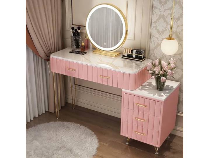 ANHFYS Hochwertiger Schminktisch im Luxus-Stil, Sinterplatte in Marmoroptik, Samtige Fronten, Vergoldete Griffe, Schnell aufgebaut durch Vormontage,Rosa