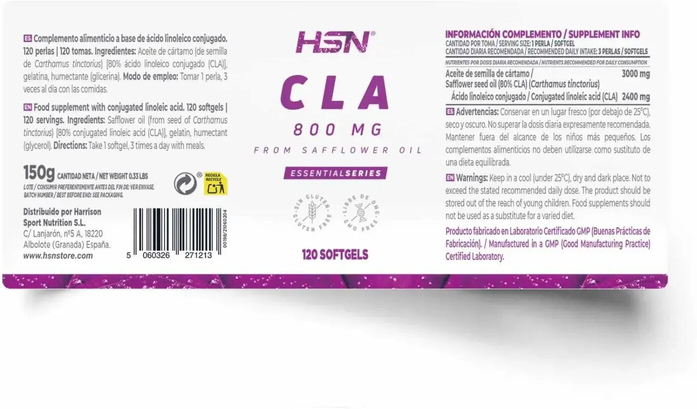 HSN CLA 800mg (ácido linoleico conjugado) - 120 perlas - Quemadores termogénicos sin estimulantes - Perlas - 120  Servicios