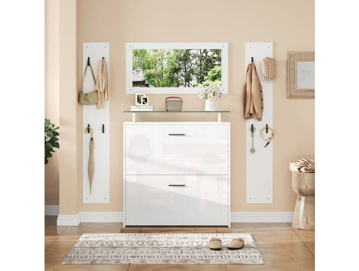 Vestiaire D Entree 4 Pieces Blanc Ensemble Moderne FloraGrace Pour Hall Avec 8 Crochets 89 5x23x96 5cm