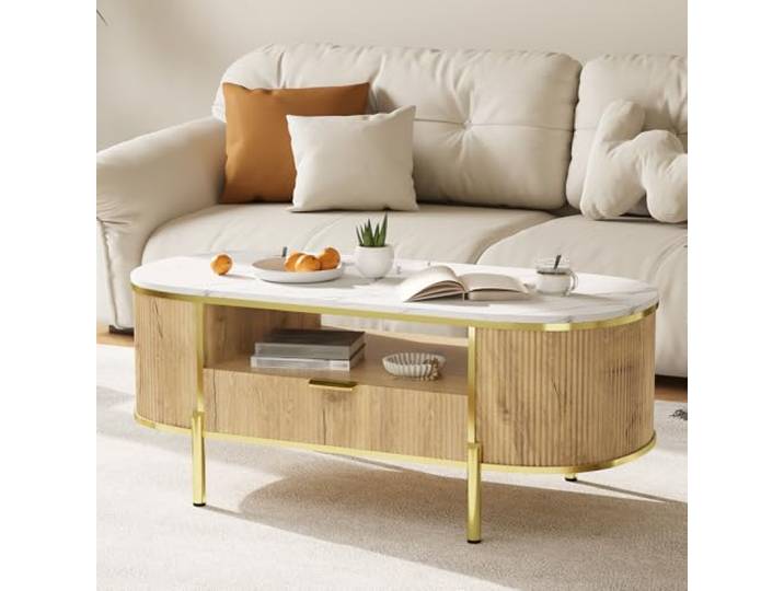 LuxFocus Ovaler Couchtisch 122 cm Kunstmarmor Schublade Mid-Century Tisch mit Ablage, geriffeltem Holz und Metallbeinen für Wohnzimmer