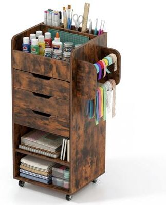Costway Utility Trolley with Open Shelves and 3 Drawers-Rustic Brown