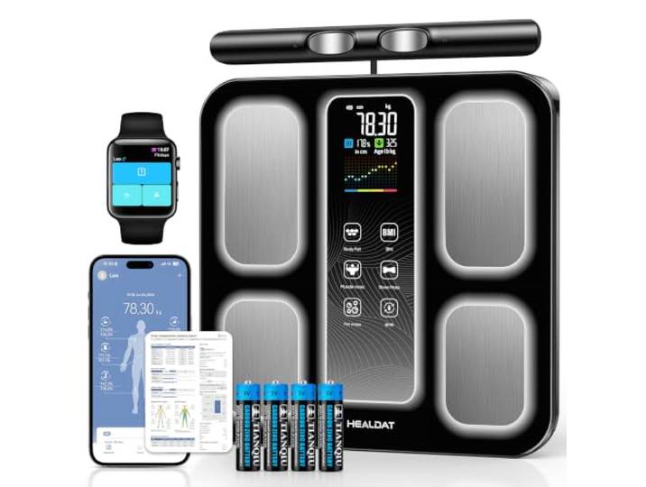 HEALDAT Balance Connectée Impedancemetre\,Pese Personnes avec 8 Électrodes APP\,180kg/400lbs\,24 Personnes\,Écran LED Couleur Balance Intelligente\,58 Mesures pour IMC Graisse Corporelle Protéines Muscle