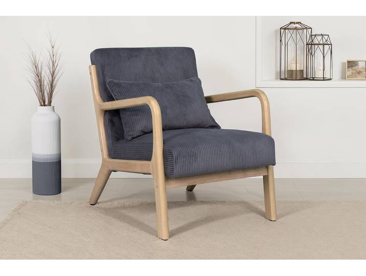 Sessel BYLIVING NOHR , grau, B:65cm H:81cm T:76cm, Sessel, Sessel, Grob-Cord, Gestell Massivholz Rubberwood, Separates Zierkissen