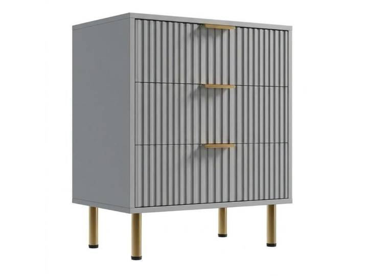 Koioplie Commode 3 tiroirs à façade cannelée design moderne meuble rangement MDF avec pieds dorés Matt gray