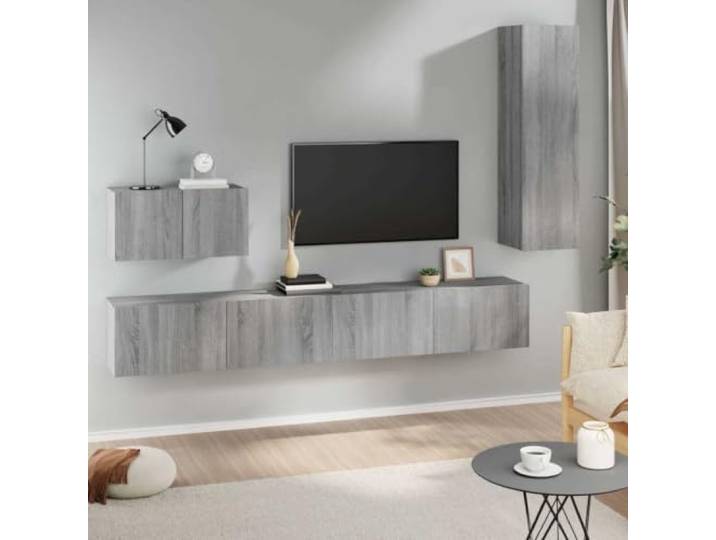 HEFZGDB 4-TLG. TV-Schrank-Set Grau Sonoma Holzwerkstoff mit viel Stauraum und praktischen Türen für Wandmontage, Robustes Material, Medienregal Aufbewahrung