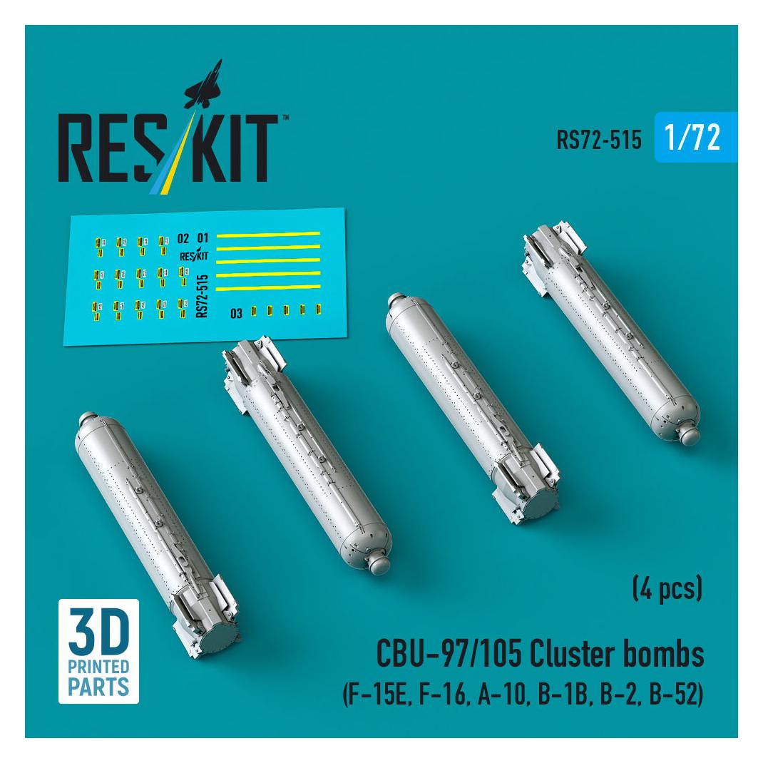 ResKit CBU-97/105 cluster bombs (4 pcs) (F-15E, F-16, A-10, B-1B, B-2, B-52) (3D Printed) (RS72-0515)
