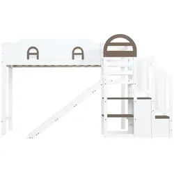STILVORA Etagenbett Massivholz Weiß 90x200 cm mit Rutsche, Stauraumtreppe und Fenstern