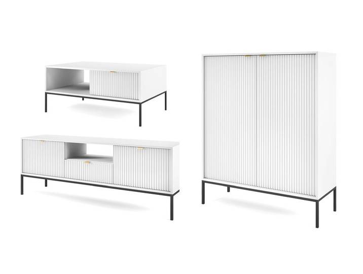Feldmann-Wohnen Wohnwand Nova, (1 Lowboard, 1 Highboard, 1 Couchtisch, 1-St., Riffel-Optik Front, goldfarbene Metallgriffe, ABS-Kanten), 3-teilig Weiß