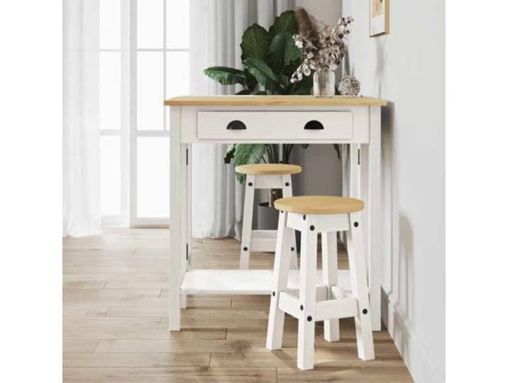Molumvel 3-TLG. Bar-Set Kiefernholz Bartisch mit 2 Barhocker Weiß Platzsparendes Klappdesign, Rustikale Kiefer-Optik, Vielseitig einsetzbar