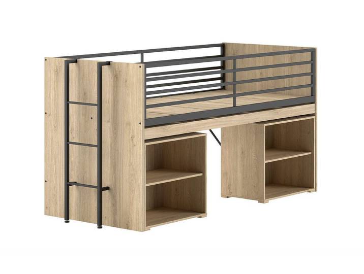 58 aufm Kessel Kinderbett Halbhochbett 90x200 Keelia Eiche Schreibtisch Regale (inkl. Versand, Lieferung bis Verwendungsstelle), Multifunktionsbett mit integriertem Stauraum und Arbeitsplatz