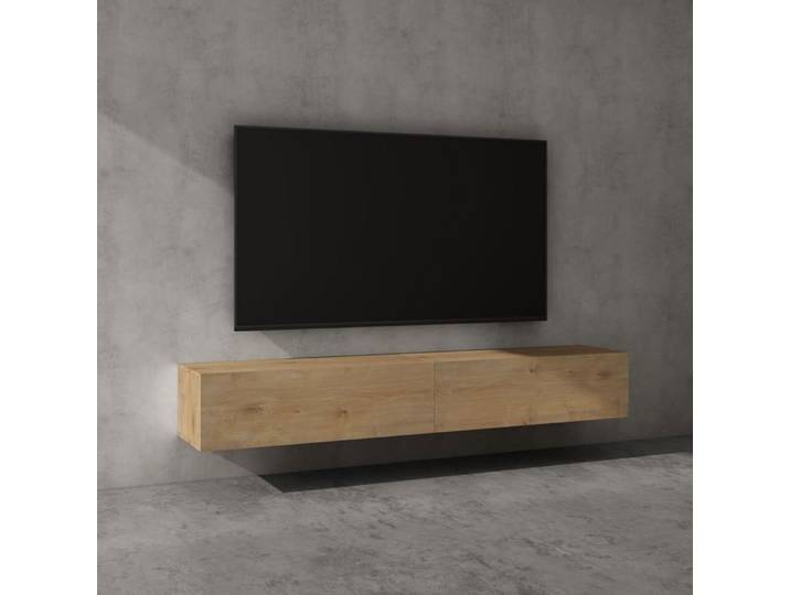 Sogood Meuble TV Bas 200 cm Armoire TV Marron Clair Table de Télévision Salon avec Portes Meuble TV Suspendu MBTV02