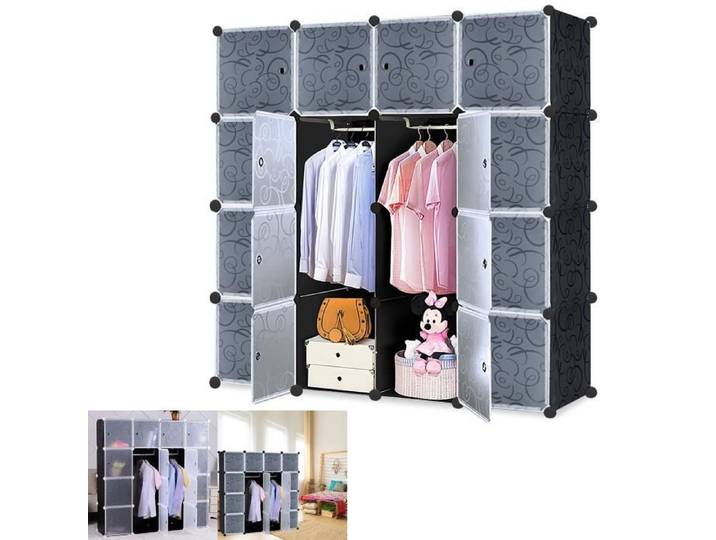 Armoire de Chambre Rangement 16 cuboïdes - LILIIN - Noir - DIY - Plastique PP