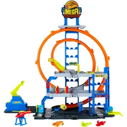 Hot Wheels City Mega-Parkgarage-Spielset mit 1 Die-Cast-Spielzeugauto und 1 Spielzeug-Hubschrauber im Maßstab 1:64