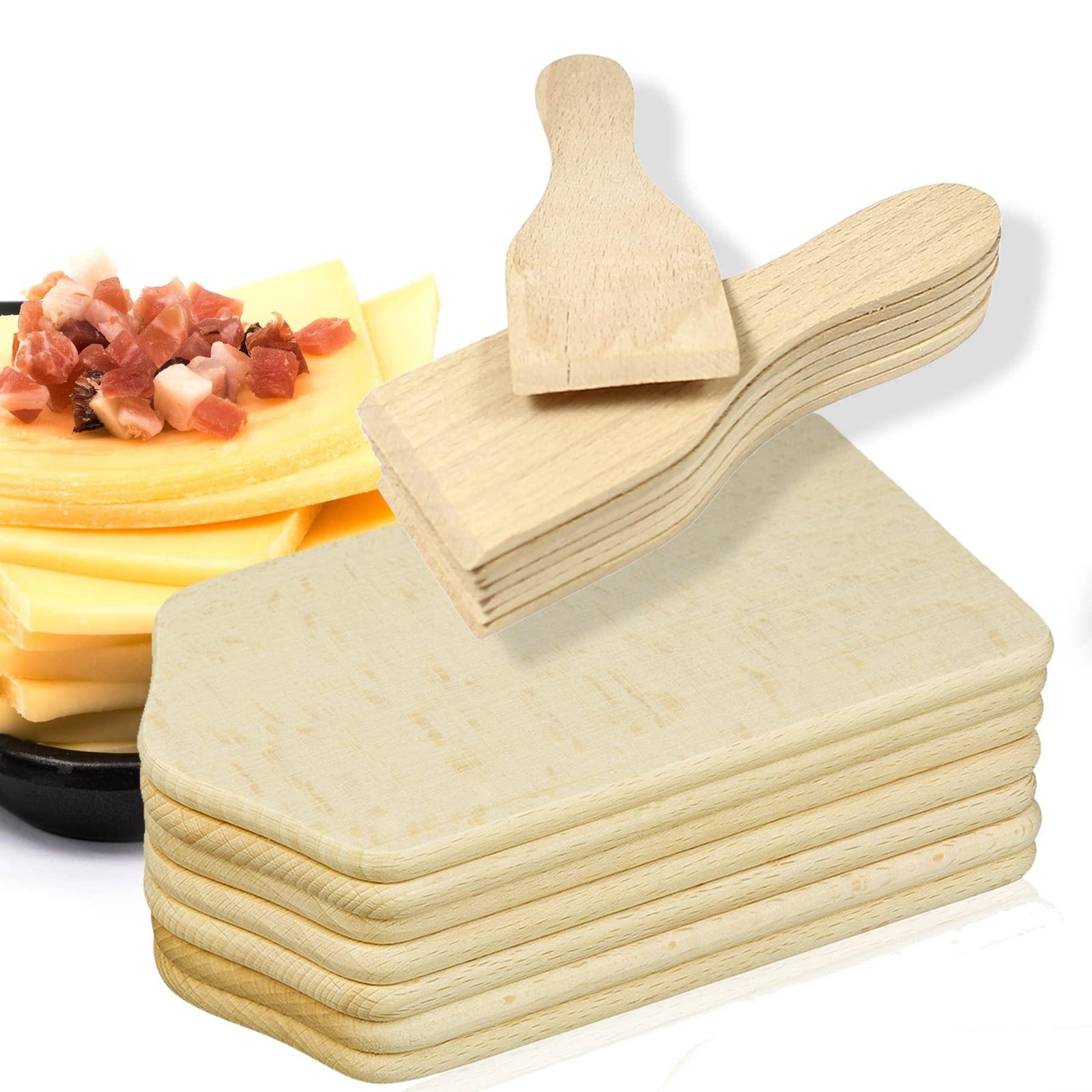 Raclette-set met 8 raclette-schrapers en 8 houten onderzetters