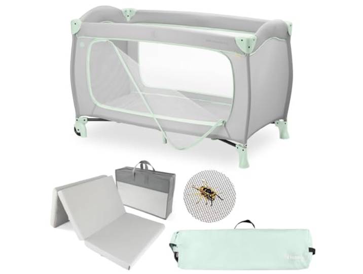hauck Sleep N Play Go Plus Baby Reisebett Set - Dusty Mint inkl. Matratze & Insektenschutz faltbares Kinder Reisebett mit Rollen, Seiteneingang & Transporttasche