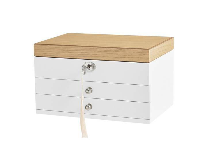 JOYFURNOS Boîte à Bijoux à 3 Niveaux avec Grand Miroir, 2 Tiroirs, Fermeture à Clé, Cadeau Idéal pour Vos Proches, pour Bagues, Boucles d’Oreilles, Bracelets et Colliers, Coloris Blanc et Effet Bois