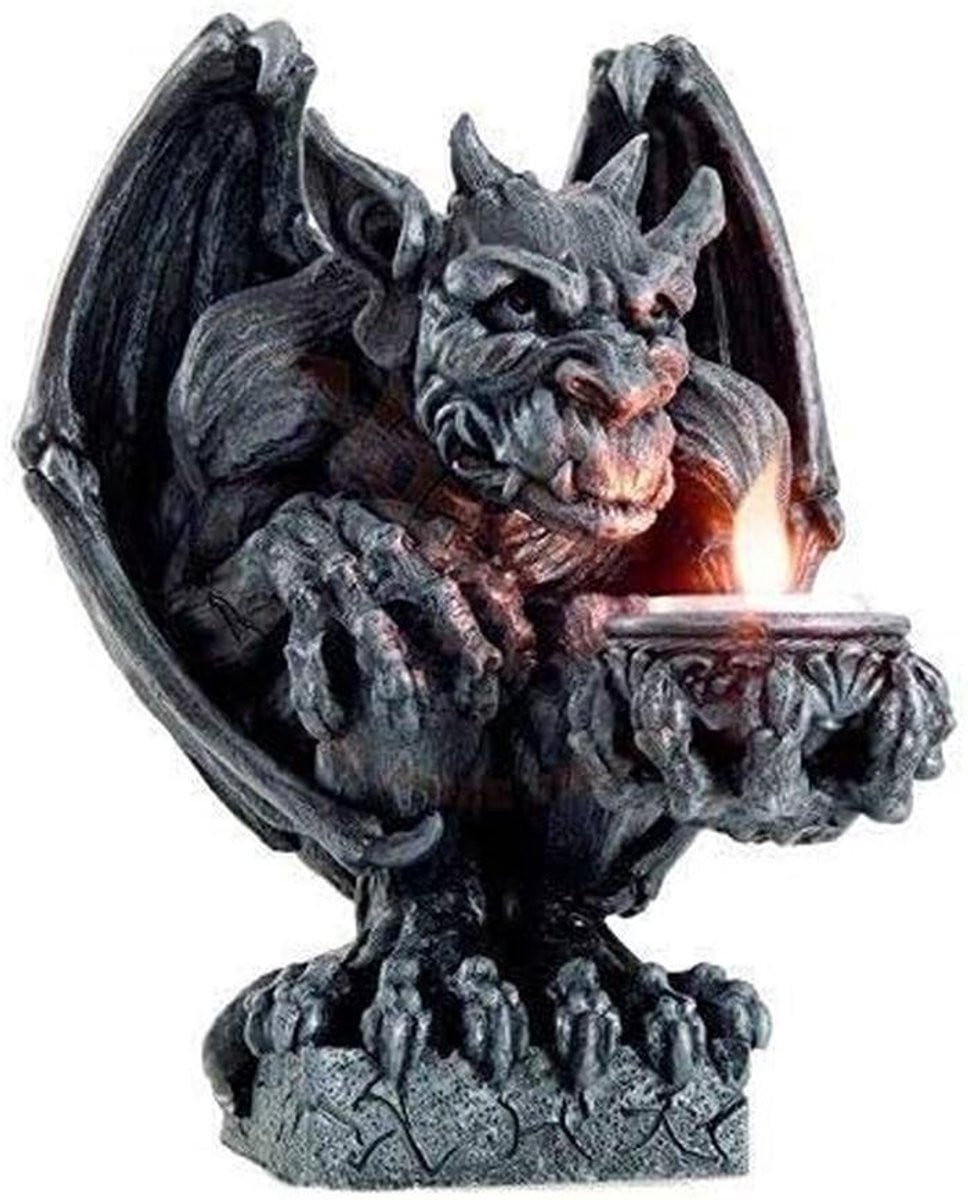 Gargoyle Kaarsenhouder - Grijs - Hoogte: 22 cm